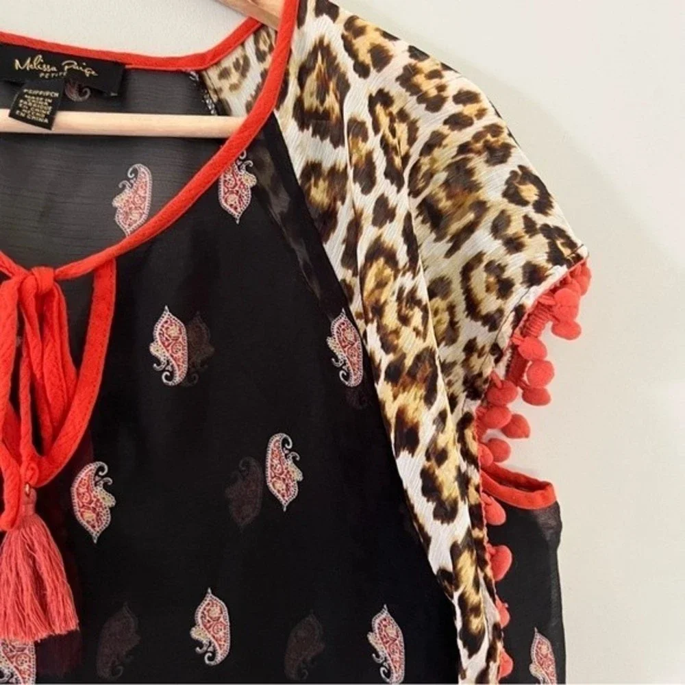 Melissa Paige Sheer Top Tie Neck Pom Pom Sleeve Sz Small Petite - Picture 3 of 8